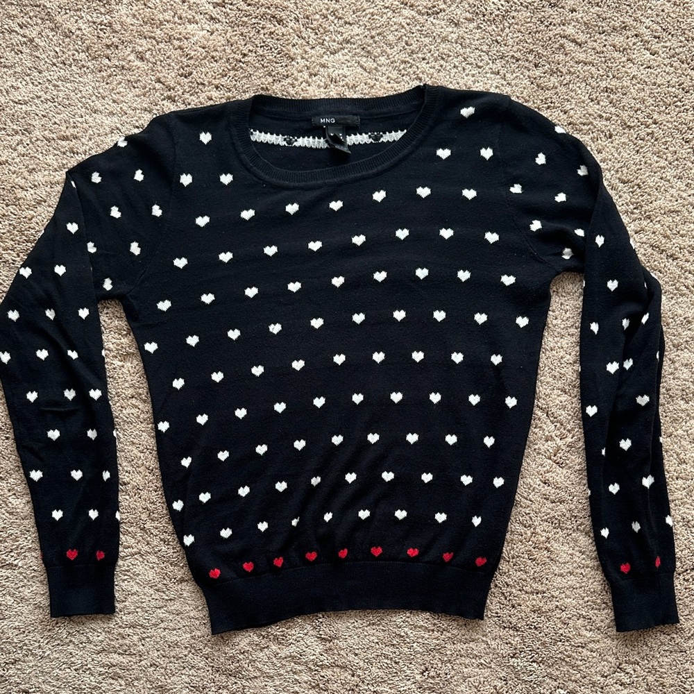 Mango Black Sweater with White and Red Heart Pattern